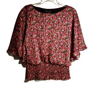 CYNTHIA STEEFE Blouse/Top  sz Small  Red/Pink/Black Floral  Metallic Crepe NWT